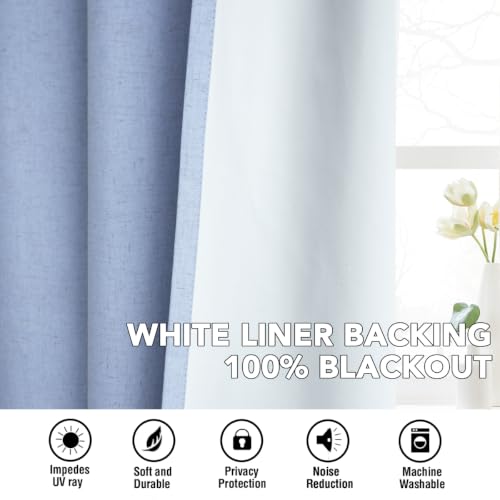 Image of H.VERSAILTEX Linen Curtains 100% Blackout Curtains for Bedroom 84 inch Long Full Light Blocking Nature Linen Blended Window Curtains for Living Room Nickel Grommet (2 Panels, Heathered Chambray Blue)