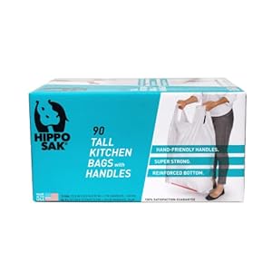 Hippo Sak – Tall Kitchen Garbage Bags with Ergonomic Handles – 13 Gallon Trash Bags – Super Strong, Patented Reinforced Bottom and Leak Proof Tall Kitchen Trash Bags – Heavy Duty Trash Bags (90 Count)