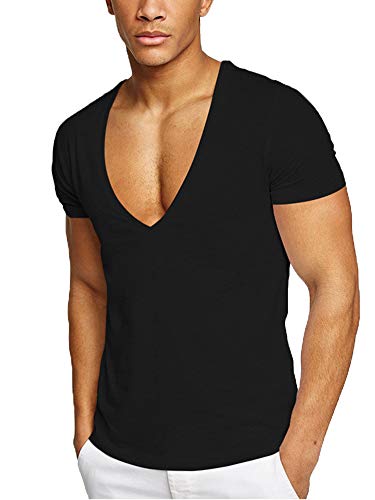 Colisha Camiseta de algodón con cuello en V profundo para hombre, manga corta, corte bajo, elástica, invisible Cover