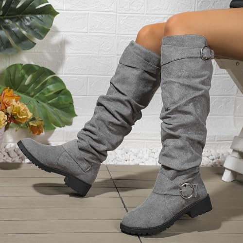 underknees stiefel damen Stiefel Damen Kniehohe Lange Hohe Winterstiefel Warme Spitz Schlupfschuhe Elegante Rutschfest Langschaft Stiefeletten Kurze Absatz Outdoorschuhe Winterstiefel Grau 40