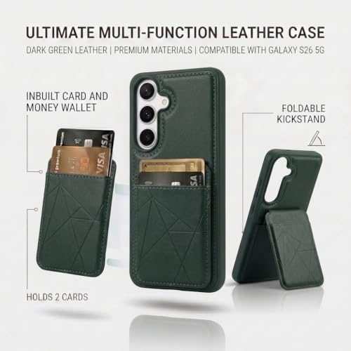 Image of amazon basics Premium Vegan Leather Back Cover with Card Holder and Integrated Mobile Stand for Samsung Galaxy S26 5G - Slim Shockproof Wallet Case with Geometric Stitching [Green]
