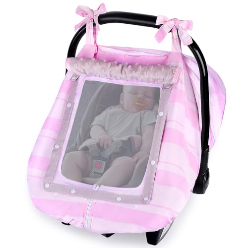 Image of FIOBEE Baby Car Seat Cover, Car Seat Covers for Babies Infant Car Seat Canopy with Breathable Mesh Window Waterproof Carseat Cover for Babies Boy Girl 4 Seasons