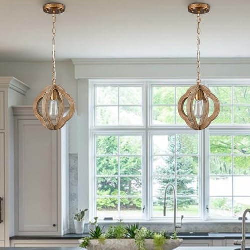 Samteen M5312DU-Z Farmhouse Wood Pendant Lights Kitchen Island, Vintage Wooden Pendant Lighting Rustic 1-Light Wood Hanging Ceiling Light Fixture thumb #3