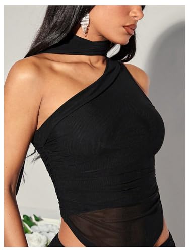 GORGLITTER Women's Halter Going Out Tank Top with Scarf One Shoulder Ruched Asymmetrical Crop Tops3