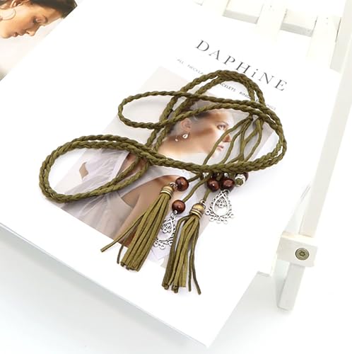 NIDMIDO Women's PU Leather Waist Belts Woven Tassels Chain Belt Skinny Rope Belt Chain for Skirt Dress Boho Style3