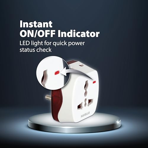 Image of Havells Heavy Duty Nickel Plated Brass Rated with 6A, 240 V AC 2 Pin Universal Adaptor LED Indicator, Flame Retardant and UV Stabilized for Safety Assurance from Catching Fire