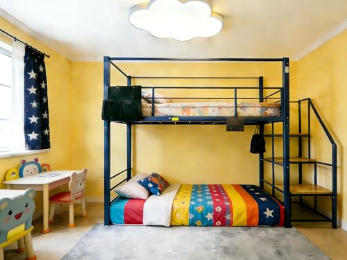 XINBEDEU Twin Over Twin Bunk Bed with Stairs RGB LED Lights Hanging Bag Portable floating power hub Metal Bed Frame with Safety Guardrails Anti-toppling Device No Box Spring Needed (Black Twin)