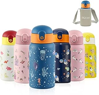 Autsel Kids Water Bottles with Straw 400ml Insulated Stainless Steel Shark Water Bottle BPA-Free Reusable Metal Water Bottle with Protective Case for Girls and Boys Keep 6h Hot & 12h Cold