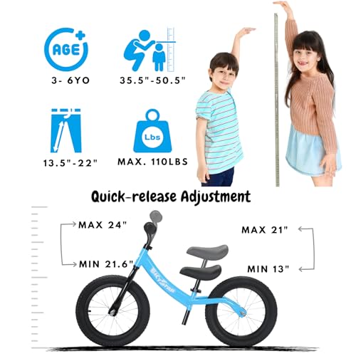 Image of bicystar 14 Inch Balance Bike for Kids 3-5 with Rubber Air Tires, Pink | lightweight frame, adjustable seat & handlebar, easy assembly, outdoor riding, footrest, no pedals