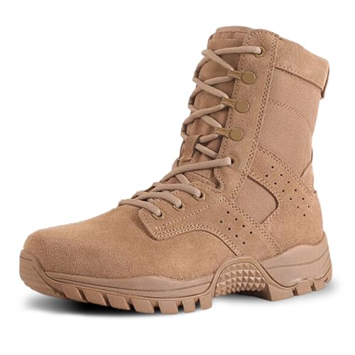 Men’s Tan Leather Light Tactical Combat Boots, Waterproof Work Shoes with Side Zipper&Lace for Jungle Hunting, Welding, Landscaping, Army, Law Enforcement, Police, EMS, Security