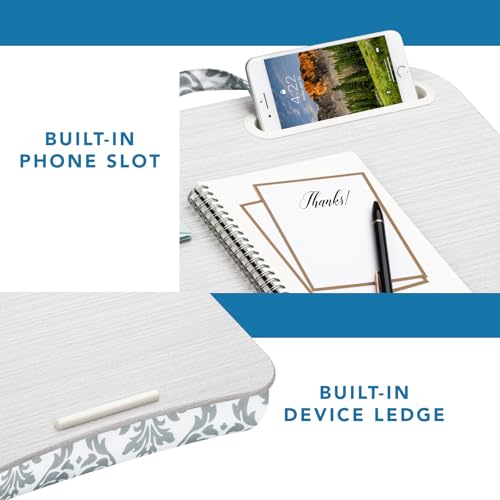 LAPGEAR XL Designer Schoßschreibtisch mit Telefonhalter und Geräteleiste – Grau Damast – passend für Laptops bis zu 43,8 cm (17,3 Zoll) – Stil Nr. 45524