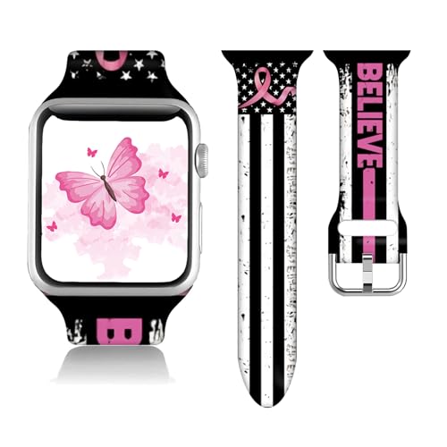 Compatible With Pink Ribbon Apple Watch 38/40/41/42/44/45mm For Women Men Soft Silicone Breast Cancer Awareness Gifts Decorations Replacement Wristband Band For Iwatch Series 9 8 7 6 5 4 3 2 1 SE.38mm/40mm/41mm.Breast Cancer Awareness Flag Believe