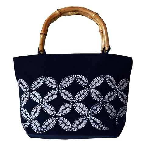 ZINNICCYY Handmade Indigo Dye Embroidered Handbag Bamboo Top Handle Blue Tote Bag Boho Cotton Tie dye Shoulder Crossbody Purse for Women Girls Cover