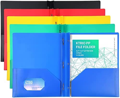 KTRIO Plastic Pocket Folders with Prongs, 5 Pack 2 Pocket Folders 3 Prong Folders with Pockets and Brads Heavy Duty Letter Size Colored Plastic Folders with Pocket and Prong for School Office Home