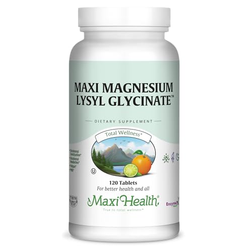 Maxi Health Magnesium Glycinate Lysyl Supplement Magnesium Glycinate 200mg Supports Sleep Energy Boost Bone Strength and Heart Vitality Natural Kosher Made in the USA 120 Tablets