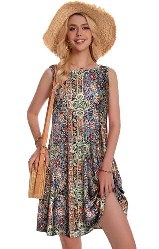 Image of Summer Dresses for Women Beach Boho Sleeveless Vintage Floral Flowy Pocket Tshirt Tank Sundresses 2026