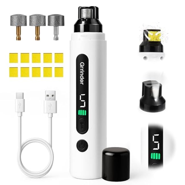 BABORUI Dog Nail Grinder Quiet, 5-Speed Pet Nail Grinder with Cooling Sponge & 3 Grinding Heads for Large Medium Small Dogs/Cats, Rechargeable Nail Trimmer with LED Light, Paws Grooming Smoothing Tool-Z8oqXYhv