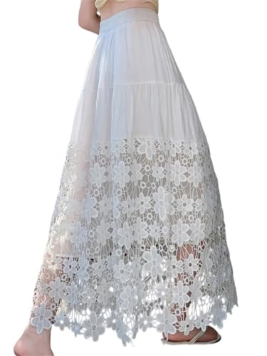 Women Lace Hollow Out Flower High Waist Skirt Summer Beach Vacation Thin See-Through Midi Skirt2