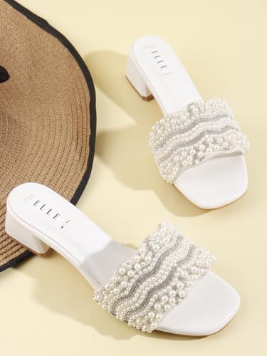 Image of ELLE Women's Elegant Pearl Sandal Beaded Low Heel Sandals for Special Occasions