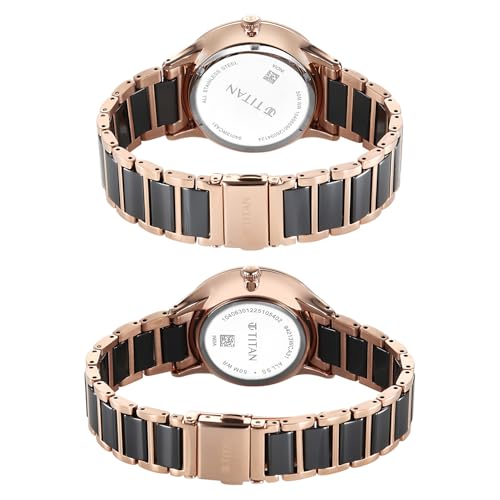Image of Titan Modern Bandhan Pair Analog with Black Dial Ceramic and Rose Gold Stainless Steel Strap Watch for Couples - 9401394213KD01