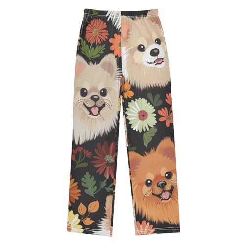 Pomeranian Florals Boys Long Pants Soft Trousers Elastic Waist Kids Lounge Bottoms with Pockets S-XL