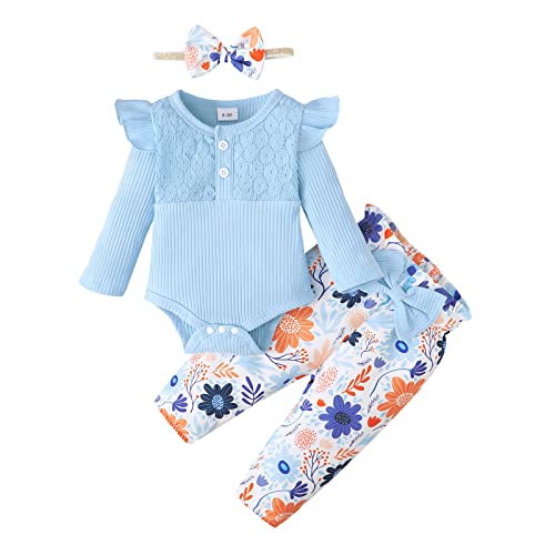 Borlai Bebé Niña Conjuntos Recién Nacido Manga Larga Encaje Ruffle Romper Top Floral Pantalones Largos Diadema 3Pcs Ropa Set Toddler Jumpsuit Bodysuit 0-18 Meses