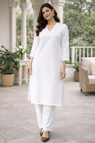 Image of JAIPUR HAND BLOCK Women's Cotton plain Straight Salwar Suit | V-Neck | 3 /4th Sleeve | Regular Fit | Daily, Office & Ethnic Wear(ST00125-V-NEW)