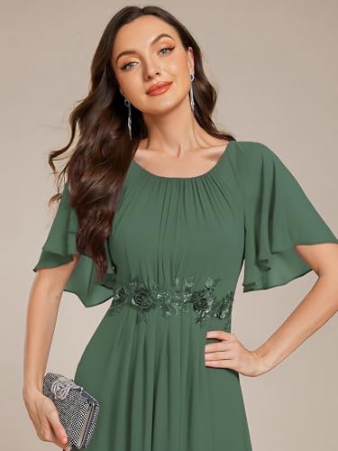 Image of Ever-Pretty Women's Classic Round Neck Pleated Short Sleeves Chiffon Appliques Floor Length A Line Formal Evening Dresses