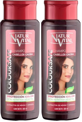 NaturVital - Champú ColourSafe Cabellos Caoba, Sin Parabenos ni Siliconas, Champú Colorante para Pelo Teñido o Natural, con Keratina Vegetal, Aporta Brillo y Protege el Color, 300 ml (Paquete de 2)