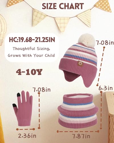 Image of Kids Winter Hat Gloves Scarf Set,Beanies with Earflap Pompom Neck Warmer Touchscreen Gloves Fleece Lined for Boys Girls 4-10Y