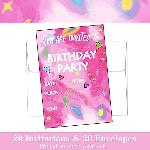 Raykeeplus Birthday Invitations Birthday Invitations Girl (20 Cards with 20 Envelopes) -Birthday Party Invitations for Girls, Kids, Adults, Party Supplies 6.3 Inches X 4.3 Inches-Pink