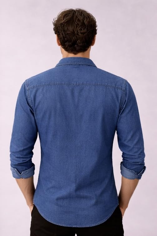 Image of Men's Slim Fit Western Denim Shirt with Dual Chest Pockets - Long Sleeve Button-Down Casual | Smart Casual Fashion Wear |Durable Tich snap Buttons.