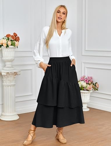 Belle Poque Womens Boho Elastic High Waisted Skirts Flowy Tiered Long Skirts Asymmetrical Skirt with Pockets2