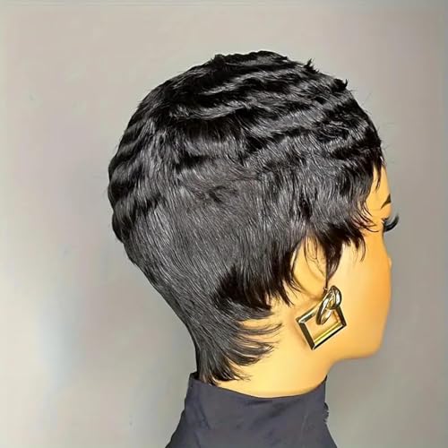 QiaQiaRing Pixie Cut Wig Human Hair for Black Women Glueless Short Layered Pixie Cut Wigs With Bangs Summer Hairstyle Natural 1b Color (1b color)