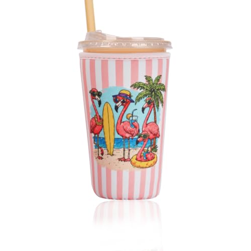 Image of Reusable Insulated Sleeve for Iced Coffee Cup, Coffee Neoprene Sleeve for Cold & Hot Drinks, Beverage Holder for Iced Coffee (Flamingo Stripes, Large: 32oz)