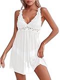 Imily Bela Women's Sexy Lingerie Lace V Neck Sleepwear Sleeveless See Through Dress Babydoll Nightgowns White