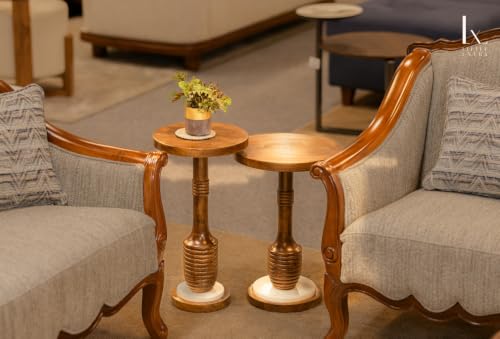Image of Little eXtra Handcrafted Solid Wood Round Side Table with Marble Sphere Base | Wooden Accent Table for Living Room, Bedroom & Sofa Corner | Wood End Table