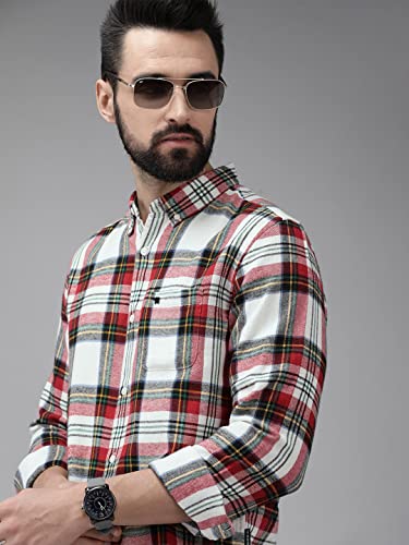 Image of THE Bear House Men's Cotton White & Red Slim Fit Checked Cotton Flannel Casual Shirt
