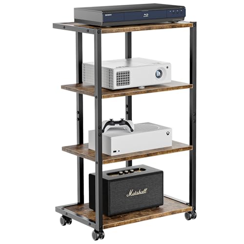 Aquzee AV Media Stand with Wheels, 4-Tier Game Console Shelf, Rolling Media Cart for Small Space, Stereo Racks and Stands, Ideal for Record Player, Game Console, DVD Player, and Projector, Wood