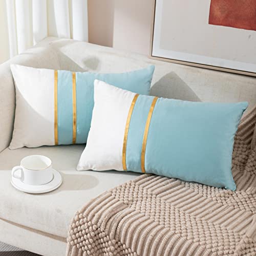 ZLINA Set of 2 Velvet Decorative Lumbar Pillow Covers Aqua Green White Patchwork with Gold Leather Pillow Covers 12 × 20 Inch Cushion Covers Decor Living Room Sofa Bedroom Car