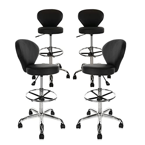 Image of KLASIKA Black PVC Faux Leather Drafting Chair Set of 4 Rolling Swivel Salon Stool with Back Support Foot Rest Adjustable Hydraulic Seat Height for Massage Facial Spa Medical Drafting Tattoo Beauty
