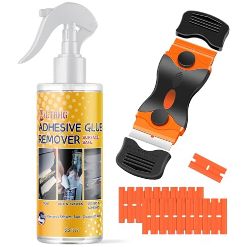 Adhesive Remover, 3.3 fl.oz Sticker Remover Spray for Labels, Glue Remover with Scraper & 19 Extra Plastic Razor Blades, Rapidly Removes Labels, Sticker, Glue, Residue