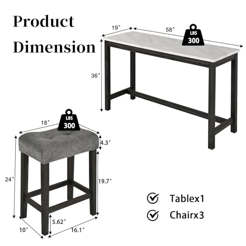 Image of 4-Piece Industrial Bar Table Set with Power Outlet, 3 Upholstered Stools for Kitchen, Game Room & Dining, Counter Height Pub Set (Grey 1+3 （2）)