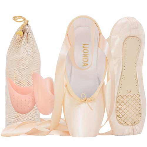IJONDA Professional Pointe Shoes for Girls and Ladies Pink Satin Ballet Dance Slippers with Mesh Bag Ribbons Toe Pads