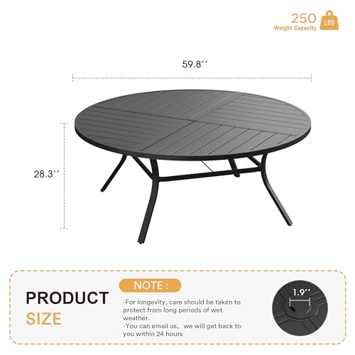 Image of VICLLAX Round Patio Table with Adjustable Umbrella Hole for 8, All Weather Metal Outdoor Dining Table for Lawn Garden, 59.8 inch Outdoor Coffee Table, Black Tabletop