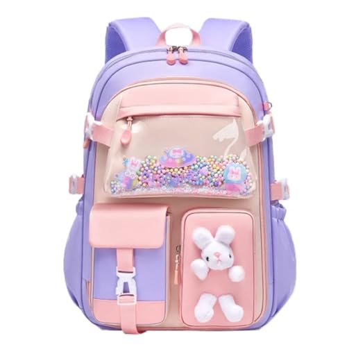 MyneeMoe Girls School Bag Lightweight Water-Resistant Backpack with Multiple Compartments Soft Pastel Bunny Kids Backpack (Age 7–11 Years, Purple)