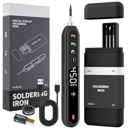 Cordless Soldering Iron Kit, 8s Fast Heat-Up, 1400mAh Rechargeable Battery, Type-C Charging, Adjustable Temp 180~450 ℃, 3 Replaceable Tips, Wireless Soldering Pen for DIY Electronics Repair – Black