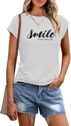 Teesho Damen Tshirt Sommer Bedruck Oberteile Kurzarm Shirts Casual Tops Tunika(weiß/M)