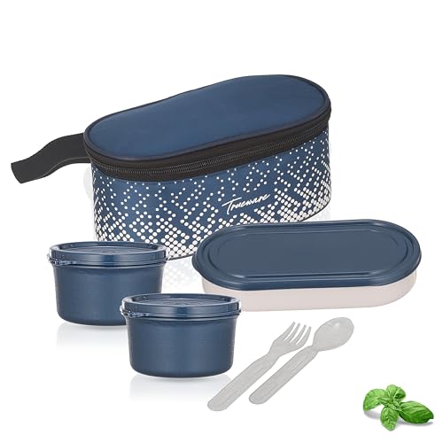 Image of Trueware Omaga Lunch Box with Insulated Fabric Jacket, 2 Microwave Safe & Leak Proof Inner Stainless Steel Containers 400ml Each & 1 Plastic Oval Chapati /Rice Container Tiffin for Office, College