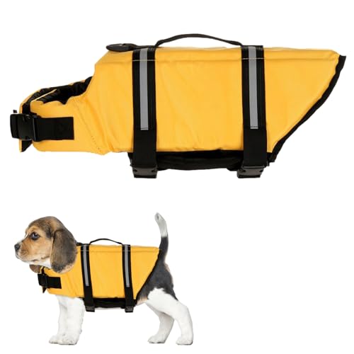 Satiskid Hunde Schwimmweste, Rettungsweste mit Auftrieb & Sicherheit für Kleine Hunde, XS, Mit Rettungsgriff & Reflektierenden Elementen für Wassersport und Strand (Gelb)